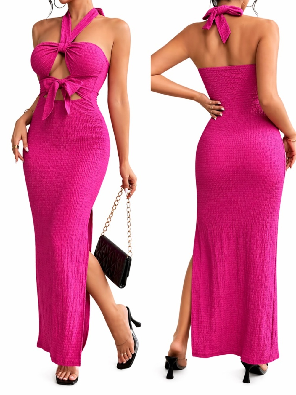 Shein Pink Midi Dress With Textured Fabric & Bow Tie Back Size M